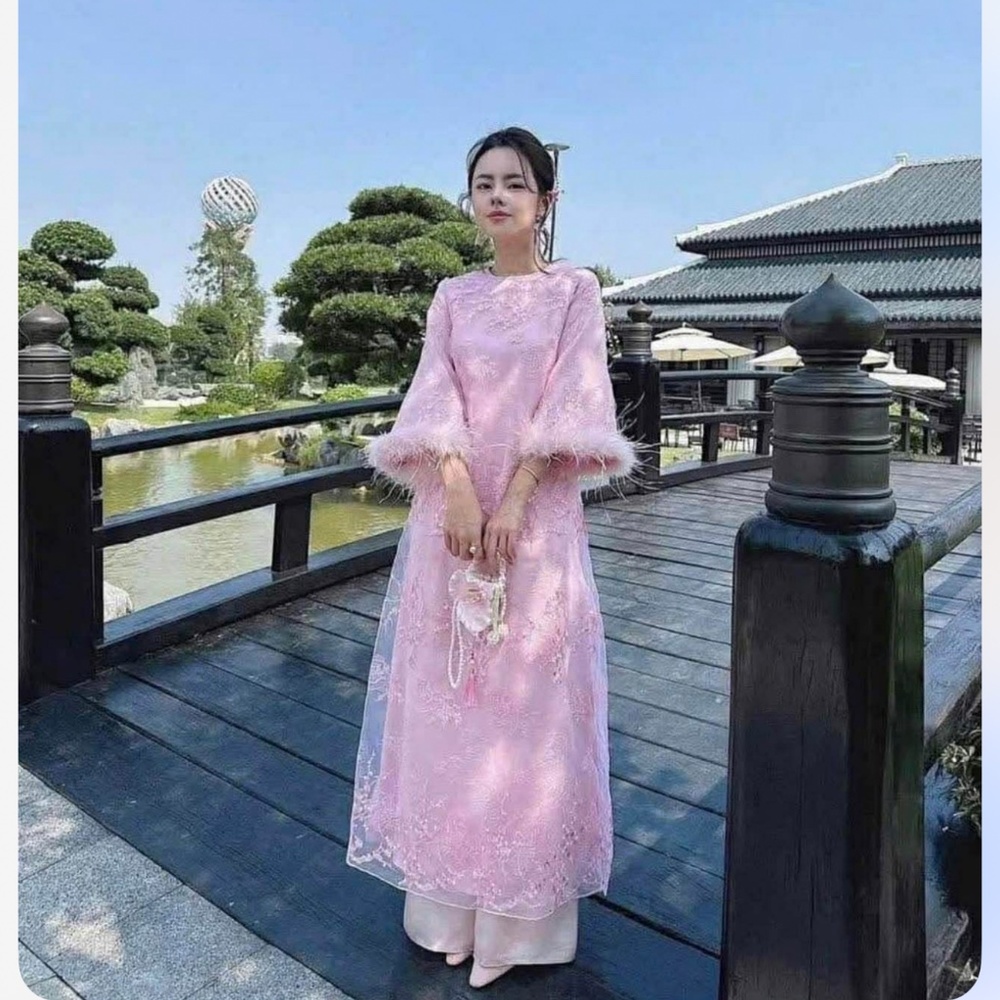 New Vietnamese Women Traditional Modern Dress Ao Dai S Pink 2pcs Set